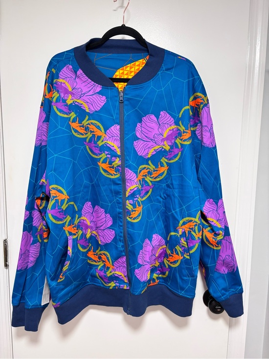 Marvel Other - Reversible Marvel Blue Bomber Jacket with Purple Floral and Orange Chain Details